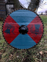 Load image into Gallery viewer, Battle Viking Shield, medieval shield, custom shield, norse shield, larp viking shield, sca shield, round shield, viking decor, cosplay