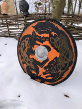 Load image into Gallery viewer, Fenrir Wolf Viking Shield, medieval shield, custom shield, norse shield, larp viking shield, viking decor, battle shield, sca shield