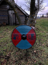 Load image into Gallery viewer, Battle Viking Shield, medieval shield, custom shield, norse shield, larp viking shield, sca shield, round shield, viking decor, cosplay