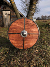 Load image into Gallery viewer, Wooden round shield, viking gift, medieval decor, gift for him, medieval armor, norse pagan