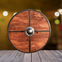 Load image into Gallery viewer, Wooden round shield, viking gift, medieval decor, gift for him, medieval armor, norse pagan