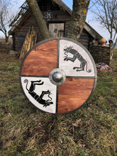 Load image into Gallery viewer, Buckler shield, medieval armor, norse mythology gift, wolf shield, medieval decor, viking themed wedding gift