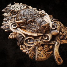 Load image into Gallery viewer, Bizon Wood Wall Decor, Bull Wood Art, Bull Art, Norse Art, Bizon Carvings, Buffalo carvings, gift for men, hunter gift