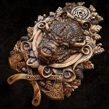 Load image into Gallery viewer, Bizon Wood Wall Decor, Bull Wood Art, Bull Art, Norse Art, Bizon Carvings, Buffalo carvings, gift for men, hunter gift