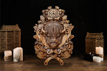 Load image into Gallery viewer, Bizon Wood Wall Decor, Bull Wood Art, Bull Art, Norse Art, Bizon Carvings, Buffalo carvings, gift for men, hunter gift