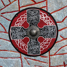 Load image into Gallery viewer, Medieval viking shield, norse mythology, round larp shield, medieval decor, skyrim armor, custom shield