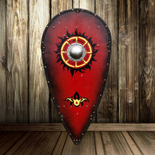 Load image into Gallery viewer, Medieval viking shield, knight shield, medieval decor, role play shield, knight accessory, wooden shield