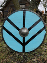 Load image into Gallery viewer, Handmade medieval shield, gift for gim, viking gifts, wood decor, custom shield, viking decor