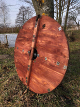 Load image into Gallery viewer, Buckler shield, medieval armor, norse mythology gift, wolf shield, medieval decor, viking themed wedding gift