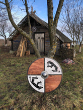 Load image into Gallery viewer, Buckler shield, medieval armor, norse mythology gift, wolf shield, medieval decor, viking themed wedding gift