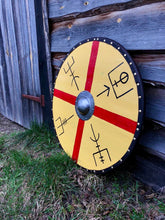 Load image into Gallery viewer, Viking Battle Shield, medieval shield, custom shield, norse shield, larp viking shield, sca shield, round shield, viking decor, cosplay