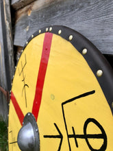 Load image into Gallery viewer, Viking Battle Shield, medieval shield, custom shield, norse shield, larp viking shield, sca shield, round shield, viking decor, cosplay