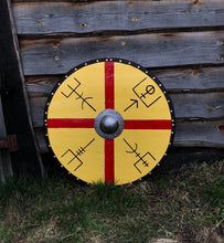 Load image into Gallery viewer, Viking Battle Shield, medieval shield, custom shield, norse shield, larp viking shield, sca shield, round shield, viking decor, cosplay