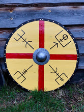 Load image into Gallery viewer, Viking Battle Shield, medieval shield, custom shield, norse shield, larp viking shield, sca shield, round shield, viking decor, cosplay