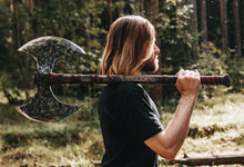 Load image into Gallery viewer, medieval weapons Viking axes Battle axe God_of_war Kratos Cosplay commission axe carving custom norse axe