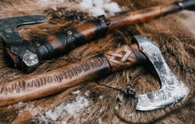 Load image into Gallery viewer, medieval weapons Viking axes Battle axe God_of_war Kratos Cosplay commission axe carving custom norse axe