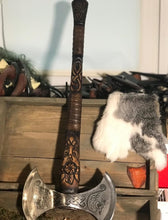 Load image into Gallery viewer, medieval weapons Viking axes Battle axe God_of_war Kratos Cosplay commission axe carving custom norse axe