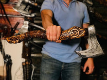 Load image into Gallery viewer, medieval weapons Viking axes Battle axe God_of_war Kratos Cosplay commission axe carving custom norse axe