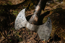 Load image into Gallery viewer, Berserker axe, hand forged axe, viking axe, double axe, felling hatchet, bushcraft axe, groomsmen axe, Vegvisir axe
