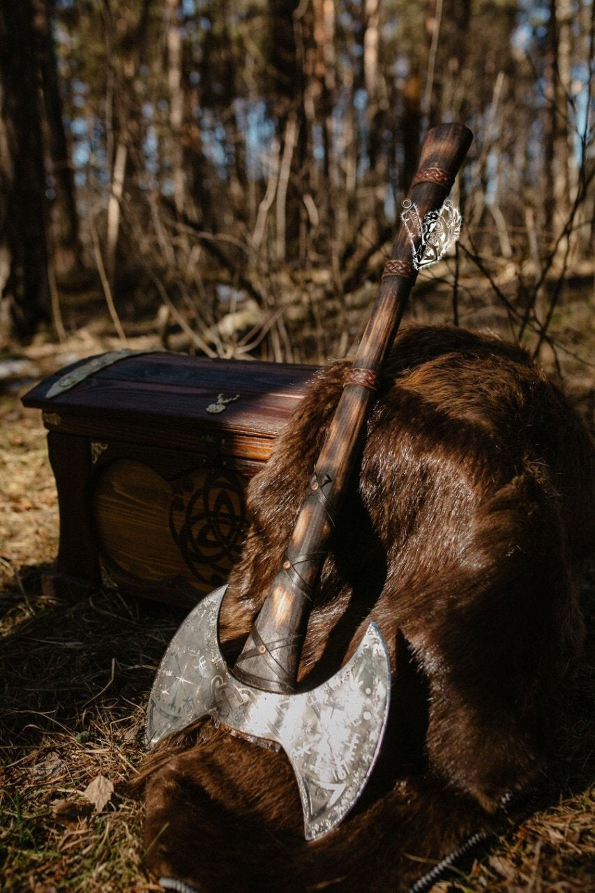 Berserker axe, hand forged axe, viking axe, double axe, felling hatchet, bushcraft axe, groomsmen axe, Vegvisir axe