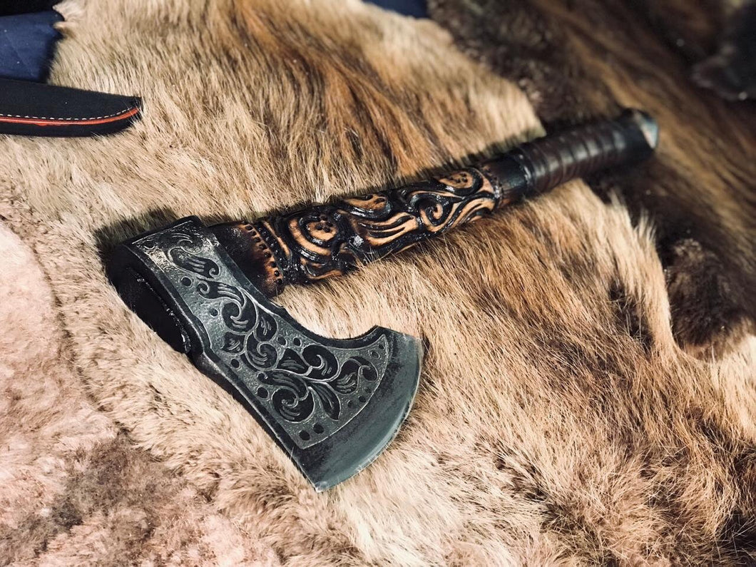 Norse forged ax, forged ax with wooden engraving, groomsmen gift