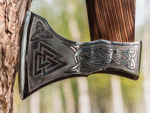 Load image into Gallery viewer, Valknut handforged ax, viking ax, custom forged ax
