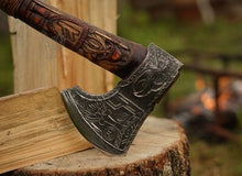 Load image into Gallery viewer, Odin hand forged ax, viking ax, custom hand forged ax, norse ax with engraving
