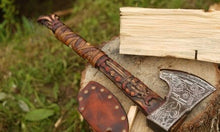 Load image into Gallery viewer, Odin hand forged ax, viking ax, custom hand forged ax, norse ax with engraving
