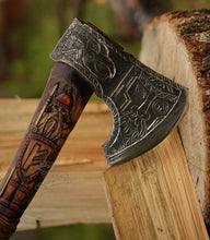 Load image into Gallery viewer, Odin hand forged ax, viking ax, custom hand forged ax, norse ax with engraving
