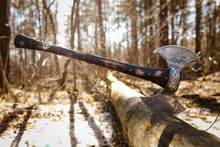 Load image into Gallery viewer, Berserker axe, hand forged axe, viking axe, double axe, felling hatchet, bushcraft axe, groomsmen axe, Vegvisir axe
