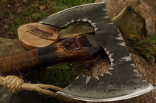 Load image into Gallery viewer, Double blade viking axe, hand forged axe, Viking axe, bearded axe, felling hatchet, forged metal axe
