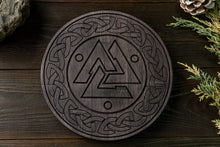 Load image into Gallery viewer, Valknut board, Altar stand, Norse paganism, Wooden altar board, Norse pagan, pagan board
