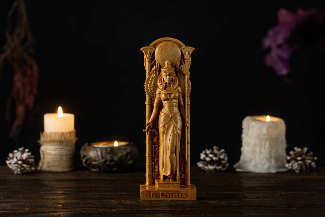 Nephthys Egyptian Goddess, Nephthys with wings statue, ancient egypt gods, egypt gods, ancient paganism, pagan altar, egypt altar statue