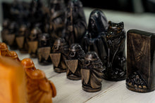 Load image into Gallery viewer, Norse Gods chess, chess set handmade, unique chess set, wooden chess set, chess pieces, viking statue, norse pagan, norse altar

