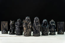 Load image into Gallery viewer, Norse Gods chess, chess set handmade, unique chess set, wooden chess set, chess pieces, viking statue, norse pagan, norse altar
