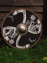 Load image into Gallery viewer, Viking Battle Shield, Fenrir Norse Shield, medieval shield, custom shield, norse shield, larp viking shield
