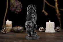 Load image into Gallery viewer, Lilith statue, Black Lilith Wicca Goddess with Lion, Astaroth statue, Inanna wooden figure, pagan statue, pagan altar, wicca altar
