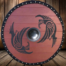 Load image into Gallery viewer, Huginn and Muninn Raven shield, Viking Battle shield, Norse shield, medieval armor, warrior costume, viking decor, round shield
