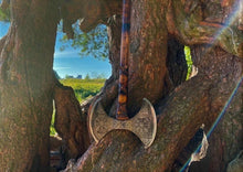 Load image into Gallery viewer, Double Blade Vegvisir Hatchet, Battle axe, Felling hatchet, forged hatchet, viking axe, forged axe, viking armor, large viking axe
