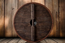 Load image into Gallery viewer, Jormungandr Serpent Viking Shield, medieval shield, norse shield, larp viking shield, viking decor, sca shield, combat shield, round shield
