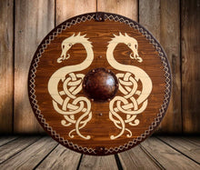 Load image into Gallery viewer, Jormungandr Serpent Viking Shield, medieval shield, norse shield, larp viking shield, viking decor, sca shield, combat shield, round shield
