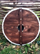 Load image into Gallery viewer, Viking Battle shield, Medieval shield, Norse shield, medieval armor, viking decor, round shield, custom shield, combat shield, cosplay
