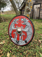 Load image into Gallery viewer, Fenrir Wolf Shield, Geri and Freki wolf, medieval shield, custom shield, norse shield, larp viking shield, viking decor, battle shield
