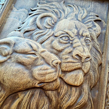 Load image into Gallery viewer, Pair of Lions Wood Wall Decor, Lion Wood Art, Lion Carvings, Lion Picture Carving, Lion ornament, Wood Wall Picture, custom wall decor

