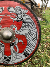 Load image into Gallery viewer, Fenrir Wolf Shield, Geri and Freki wolf, medieval shield, custom shield, norse shield, larp viking shield, viking decor, battle shield
