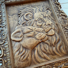 Load image into Gallery viewer, Pair of Lions Wood Wall Decor, Lion Wood Art, Lion Carvings, Lion Picture Carving, Lion ornament, Wood Wall Picture, custom wall decor
