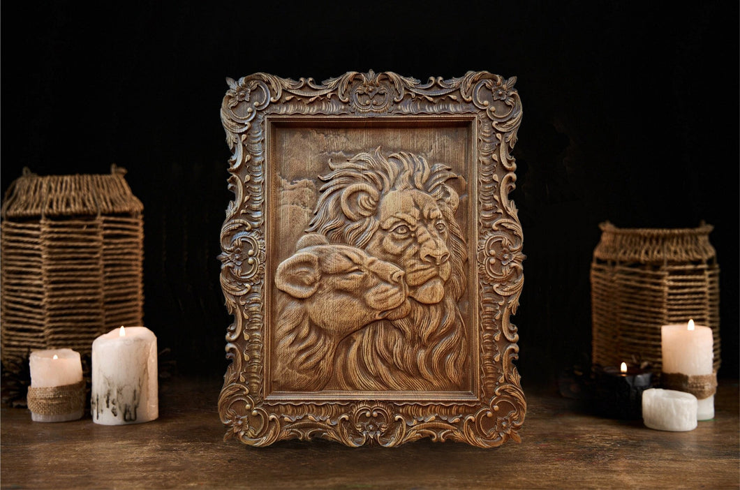 Pair of Lions Wood Wall Decor, Lion Wood Art, Lion Carvings, Lion Picture Carving, Lion ornament, Wood Wall Picture, custom wall decor