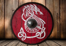 Load image into Gallery viewer, Fenrir Viking Shield, Fenrir medieval shield, custom shield, norse shield, larp viking shield, viking decor, battle shield, sca shield
