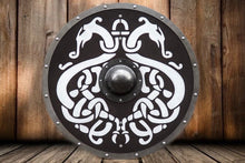 Load image into Gallery viewer, Jormungandr Viking Shield, Serpent, medieval shield, norse shield, larp viking shield, viking decor, sca shield, combat shield, round shield
