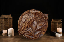 Load image into Gallery viewer, Raven Wood Wall Decor, Raven Wood Art, Norse Art, Viking Art, Odin Raven Carvings, Pagan Statue, Wood Wall Sculpture, Viking shield
